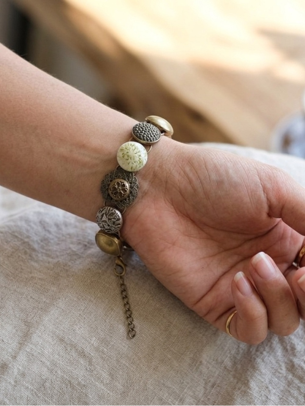 One-of-a-Kind Victorian Antique Button Bracelet • Handmade Mixed Metals